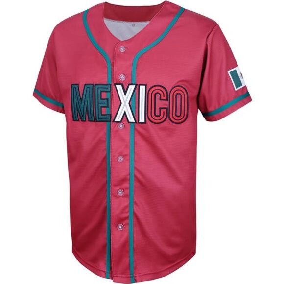 Other - NEW Men's Mexico Red Short Sleeve Baseball Jersey with Mexican Flag Button Down